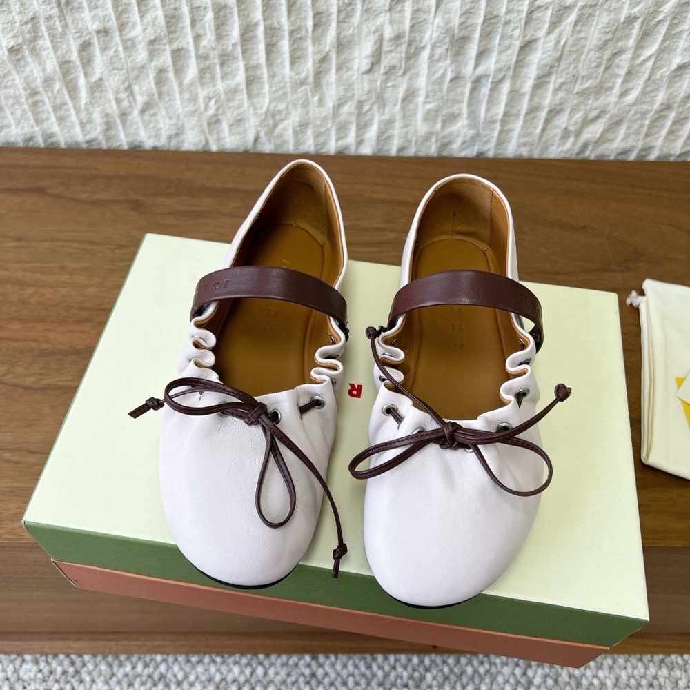 Marni Pale Pink Leather Mary Jane Flats with Brown Strap and Bow